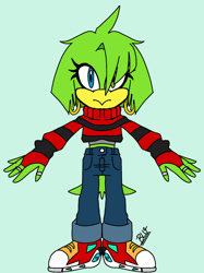 Size: 1280x1715 | Tagged: safe, artist:labluarts, tekno the canary, bird, 2026, canary, clothes, ear piercing, earring, eyelashes, female, flat colors, grey background, heterochromia, jeans, looking at viewer, midriff, pants, redesign, ring (jewelry), shoes, signature, simple background, solo, solo female, standing, sweater, t-pose