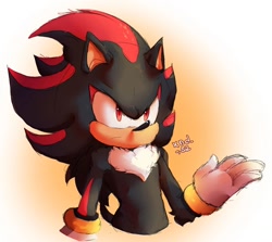 Size: 1280x1143 | Tagged: safe, artist:xndsa, shadow the hedgehog, hedgehog, 2023, chest fluff, frown, gradient background, hand up, looking offscreen, male, signature, solo, solo male