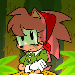 Size: 1280x1280 | Tagged: safe, artist:peachblossomlotion, amy rose, hedgehog, 2025, alternate universe, au:hibiscus, blushing, classic amy, crying, daytime, eyelashes, female, holding arm, outdoors, plant, sad, solo, solo female, standing, tears, tears of sadness