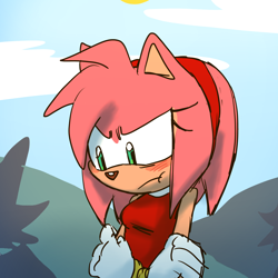 Size: 1280x1280 | Tagged: safe, artist:peachblossomlotion, amy rose, hedgehog, 2025, alternate universe, arms folded, au:hibiscus, brown nose, clouds, daytime, eyelashes, female, frown, looking down, outdoors, pout, sad, solo, solo female, sun