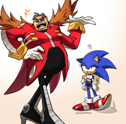 Size: 2000x1979 | Tagged: safe, artist:siggiedraws, robotnik, sonic the hedgehog, hedgehog, human, 2026, duo, duo female, female, females only, frown, gender swap, grey background, hand on hip, mouth open, open smile, signature, simple background, smile, sonic is not amused, squiggle, tapping foot, unamused