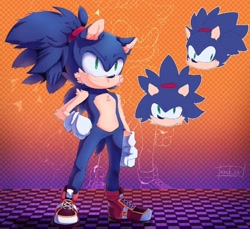 Size: 1280x1175 | Tagged: safe, artist:xndsa, sonic the hedgehog, hedgehog, 2023, alternate hairstyle, arm fluff, checkered background, cheek fluff, chest fluff, fluffy, hand on hip, looking offscreen, male, outline, ponytail, shoelaces, shoes, shoulder fluff, solo, solo male, standing, triality
