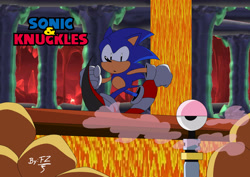 Size: 3508x2480 | Tagged: safe, artist:framezoneda, sonic the hedgehog, hedgehog, 2026, agender, badnik, bridge, classic sonic, classic sonic (universe), duo, lava, lava reef zone, male, mouth open, redraw, robot, rock, running, signature, smoke, sonic and knuckles (1994), toxomister, treads