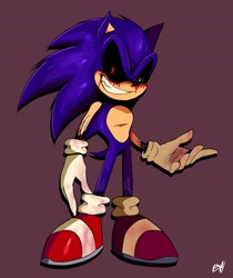 Size: 2160x2574 | Tagged: semi-grimdark, artist:exhaloart, sonic the hedgehog, oc, oc:sonic.exe, hedgehog, 2024, amy loves sonic (series), black sclera, bleeding, bleeding from eyes, blood, clenched teeth, looking at viewer, male, purple background, sharp teeth, signature, simple background, smile, smiling at viewer, solo, solo male, standing