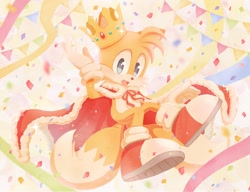 Size: 2048x1575 | Tagged: safe, artist:ra_ra_111, miles "tails" prower, fox, 2018, cape, confetti, crown, cute, flag, looking at viewer, male, mouth open, open smile, smile, smiling at viewer, solo, sparkles, tailabetes, treads