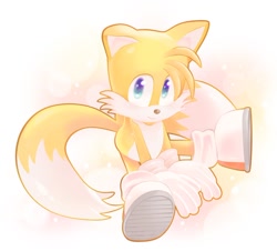 Size: 1024x925 | Tagged: safe, artist:ra_ra_111, miles "tails" prower, fox, 2018, cute, gradient background, hands between legs, looking at viewer, male, outline, sitting, smile, solo, tailabetes, treads