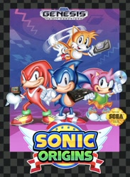 Size: 1240x1693 | Tagged: safe, artist:spindazhjx, amy rose, knuckles the echidna, miles "tails" prower, sonic the hedgehog, echidna, fox, hedgehog, sonic origins, 2026, alternate version, box art, cartridge, classic amy, classic knuckles, classic sonic, classic sonic (universe), classic tails, disc, female, flying, game gear, greg martin style, group, holding something, male, master system, mid-air, mouth open, open smile, pointing, redraw, sega genesis, sega logo, smile, smiling at viewer, spinning tails, standing, style emulation