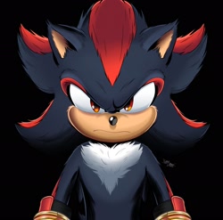 Size: 2048x2026 | Tagged: safe, artist:samaradraws, shadow the hedgehog, hedgehog, 2026, black background, front view, frown, looking at viewer, male, movie style, signature, simple background, solo, style emulation