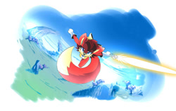 Size: 750x473 | Tagged: safe, artist:ando-8400, fiona fox, fox, 2023, arms out, daytime, female, holding something, looking at viewer, mid-air, outdoors, solo, weapon