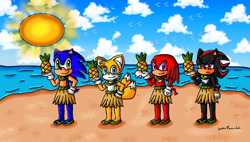 Size: 1187x673 | Tagged: safe, artist:goddessprincesslulu, knuckles the echidna, miles "tails" prower, shadow the hedgehog, sonic the hedgehog, echidna, fox, hedgehog, beach, clothes, clouds, daytime, food, fruit, hula skirt, male, pineapple, sand, signature, skirt, sky, smile, sun