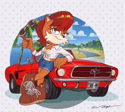 Size: 3383x3035 | Tagged: safe, artist:azul35art, sally acorn, chipmunk, 2025, car, clothes, clouds, daytime, english text, eyes clipping through hair, female, ford, ford mustang, glasses, holding something, leaning on something, looking at viewer, muscle car, palm tree, road, shirt, shoes, shorts, smile, smiling at viewer, solo, sunglasses, vehicle, water