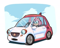 Size: 2073x1638 | Tagged: safe, artist:chauvels, amy rose, hedgehog, 2024, car, city car, clouds, daytime, driving, female, looking offscreen, smart (automobile manufacturer), smile, solo, vehicle