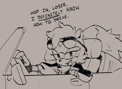 Size: 922x670 | Tagged: safe, artist:tyson hesse, tangle the lemur, lemur, 2025, black and white, car, clothes, dialogue, driving, english text, female, glasses, gloves, jacket, looking at viewer, simple background, solo, sport car, sunglasses, talking, vehicle