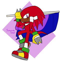 Size: 1458x1485 | Tagged: safe, artist:survivalstep, knuckles the echidna, echidna, 2020, bi knuckles, bisexual, bisexual pride, dark skin, flag, holding something, looking at viewer, male, necklace, pride, pride month, semi-transparent background, signature, smile, solo