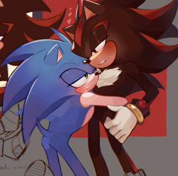 Size: 1188x1176 | Tagged: safe, artist:xammyoowah, shadow the hedgehog, sonic the hedgehog, hedgehog, 2021, bending over, blushing, duo, gay, heart, hugging, lidded eyes, male, shadow x sonic, shipping, standing