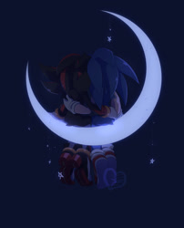 Size: 1651x2047 | Tagged: safe, artist:sonic-anomaly, shadow the hedgehog, sonic the hedgehog, hedgehog, 2020, blue background, crescent moon, dark, duo, from behind, gay, glowing, holding each other, hugging, light, male, moon, shadow x sonic, shipping, simple background, sitting, star (symbol), treads, watermark