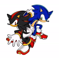 Size: 2048x2003 | Tagged: safe, artist:thenovika, shadow the hedgehog, sonic the hedgehog, hedgehog, sonic adventure 2, 2026, clenched fist, duo, frown, looking at viewer, male, nike mouth, posing, role swap, smile, soap shoes, style emulation, uekawa style