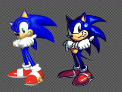 Size: 1300x975 | Tagged: safe, artist:dvl371, sonic the hedgehog, hedgehog, sonic heroes, 2026, arms folded, checkered background, clenched teeth, looking at viewer, male, redraw, reference inset, smile, smiling at viewer, solo, standing, thumbs up