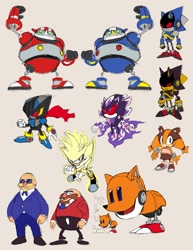 Size: 1329x1725 | Tagged: safe, artist:ppdppl_art, chaos sonic, mephiles the dark, robotnik, shard the metal, silver the hedgehog, sticks the badger, t-pup, badger, hedgehog, human, 2026, agender, aura, cape, classic mephiles, classic robotnik, classic silver, classic sticks, classic style, e-10000g, e-10000r, female, flat colors, grey background, group, male, phantom rider, robot, simple background, style emulation, super form, super silver