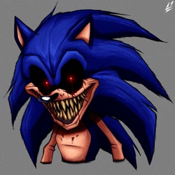 Size: 1280x1280 | Tagged: semi-grimdark, artist:nicreations316, sonic the hedgehog, oc, oc:sonic.exe, hedgehog, 2026, black sclera, bleeding, bleeding from eyes, blood, bust, glowing eyes, grey background, looking at viewer, male, nightmare fuel, sharp teeth, signature, simple background, smile, smiling at viewer, solo