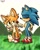 Size: 1634x2048 | Tagged: safe, artist:tenma_va, miles "tails" prower, sonic the hedgehog, fox, hedgehog, 2026, blushing, blushing ears, chest fluff, cute, daytime, duo, ear fluff, eyes closed, flower, gay, grass, holding something, male, offering flower, outdoors, shipping, signature, smile, sonabetes, sonic x tails, tailabetes