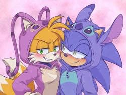 Size: 1168x880 | Tagged: safe, artist:marc_bunbuns, miles "tails" prower, sonic the hedgehog, fox, hedgehog, 2026, alternate eye color, angel (lilo and stitch), blushing, crossover, disney, duo, gay, gradient background, green eyes, kigurumi, lidded eyes, lilo and stich, male, shipping, smile, sonic x tails, stitch (lilo & stitch)