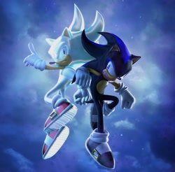Size: 1920x1892 | Tagged: safe, artist:dokatzo, artist:mashkiel, sonic the hedgehog, oc, oc:seelkadoom the hedgehog, hedgehog, 2026, 3d, back to back, clouds, duo, flying, frown, hyper form, hyper sonic, male, mid-air, nighttime, outdoors, pointing, rivalry, treads