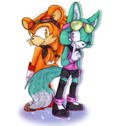 Size: 1000x1100 | Tagged: safe, artist:xxsjdoodlesxx, sonar the fennec, fox, porcupine, 2018, back to back, clothes, duo, eyewear on head, female, fennec, goggles, goggles on head, looking at viewer, male, simple background, smile, smiling at viewer, spike the porcupine, standing, transparent background, watermark, wink