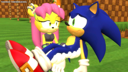 Size: 2048x1155 | Tagged: safe, artist:apoc-hedgie, artist:darkhedgehog23, artist:elesis-knight, artist:hyperchaotix, artist:icembl, artist:jackydik, artist:nibroc-rock, artist:randomtbush, artist:thomasinkling, mina mongoose, sonic the hedgehog, hedgehog, mongoose, green hill zone, 2022, 3d, carrying them, daytime, duo, female, flirting, gmod, grass, looking at each other, male, mina x sonic, orange brown checkerboard, outdoors, shipping, smile, standing, straight, tree