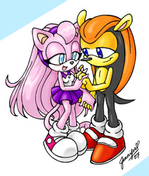 Size: 900x1060 | Tagged: safe, artist:chibi-jen-hen, mighty the armadillo, oc, oc:crystal the cat, armadillo, cat, 2007, canon x oc, duo, female, gloves off, lidded eyes, male, mouth open, open smile, shipping, signature, smile, standing, straight
