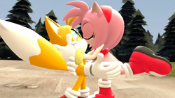 Size: 1280x720 | Tagged: safe, artist:skulltronprime969, amy rose, miles "tails" prower, fox, hedgehog, 2020, 3d, amy x tails, daytime, duo, eyes closed, eyes rolling back, female, holding them, hugging, kiss, kiss on lips, male, outdoors, shipping, standing, standing on one leg, straight, tree
