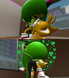 Size: 1280x1438 | Tagged: suggestive, artist:skulltronprime969, miles "tails" prower, zeena, fox, zeti, 2020, 3d, age difference, bending over, daytime, dubious consent, duo, eyes closed, female, heart, holding them, hugging, indoors, kiss, kiss on lips, male, raised tail, shipping, standing, straight, tails x zeena, window