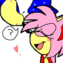 Size: 500x500 | Tagged: safe, artist:umbra-flower, amy rose, sonic the hedgehog, hedgehog, 2009, amy x sonic, duo, eyes closed, female, frown, happy, heart, male, mouth open, open smile, question mark, shipping, shrunken pupils, simple background, smile, speech bubble, straight, sweatdrop, white background