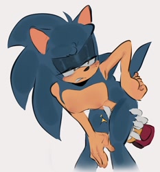 Size: 1592x1710 | Tagged: suggestive, artist:luffydguzzler, shadow the hedgehog, sonic the hedgehog, hedgehog, 2025, bending over, blushing, claws, clenched teeth, disembodied hand, duo, femboy, frown, gloves off, grabbing, hand on hip, lidded eyes, male, offscreen character, shipping, simple background, solo focus, sonic is not amused, sonic x tails, thigh grab, unamused, white background