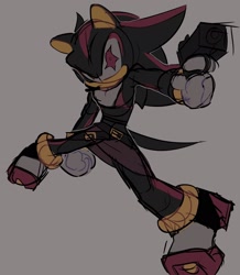 Size: 1789x2048 | Tagged: safe, artist:luffydguzzler, shadow the hedgehog, hedgehog, 2024, belt, bra, crossdressing, femboy, grey background, gun, holding something, looking at viewer, male, simple background, sketch, skirt, solo, spread legs, weapon