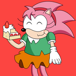 Size: 894x894 | Tagged: safe, artist:splashfactor, amy rose, hedgehog, amy's schoolgirl outfit, cake, classic amy, classic sonic (universe), clothes, eating, eyes closed, female, food, fruit, gloves, headband, skirt, solo, strawberry