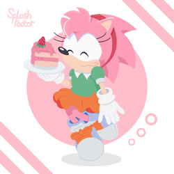 Size: 894x894 | Tagged: safe, artist:splashfactor, amy rose, hedgehog, amy's schoolgirl outfit, bow, cake, classic amy, classic sonic (universe), clothes, eating, eyes closed, female, food, fruit, gloves, headband, shoes, skirt, solo, strawberry