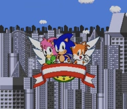 Size: 1360x1170 | Tagged: safe, amy rose, miles "tails" prower, sonic the hedgehog, fox, hedgehog, amy's schoolgirl outfit, building, classic amy, classic sonic, classic sonic (universe), classic tails, clothes, clouds, daytime, female, headband, male, screencap, sonic the hedgehog's gameworld, trio