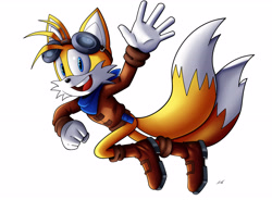 Size: 4389x3227 | Tagged: safe, artist:katon comics, artist:ratchetmario, miles "tails" prower, fox, aged up, alternate version, aviator jacket, bandana, belt, boots, bottomless, clothes, eyewear on head, gloves, goggles, goggles on head, jacket, looking at viewer, male, mouth open, older, open smile, signature, simple background, smile, smiling at viewer, socks, solo, tails adventure armada (fanproject), waving, white background