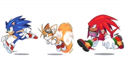 Size: 1256x657 | Tagged: safe, artist:kooj_artz, knuckles the echidna, miles "tails" prower, sonic the hedgehog, echidna, fox, hedgehog, 2026, clenched fists, ear fluff, eyewear on head, frown, fur markings, goggles, goggles around neck, goggles on head, male, mouth open, one fang, redesign, running, signature, simple background, smile, spinning tails, team sonic, treads, trio, white background, wraps