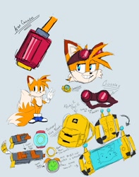 Size: 945x1199 | Tagged: safe, artist:sonicalter, miles "tails" prower, fox, 2023, alternate eye color, arm buster, arrow, backpack, blaster, blue shoes, communicator, duality, english text, eyewear on head, flat colors, fur markings, goggles, goggles on head, grey background, lazer gun, lidded eyes, male, miles electric, power ring, radar, ring, simple background, smile, solo, text, v sign, weapon