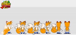 Size: 1199x567 | Tagged: safe, artist:sonicalter, miles "tails" prower, fox, 2023, blue shoes, chest fluff, flat colors, fur markings, male, redesign, reference sheet, smile, solo, standing