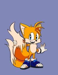 Size: 1058x1362 | Tagged: safe, artist:sonicalter, miles "tails" prower, fox, 2023, blue background, blue shoes, fur markings, holding something, holding tail, looking at viewer, male, mouth open, open smile, redesign, simple background, smile, smiling at viewer, solo, standing