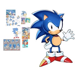 Size: 917x828 | Tagged: safe, artist:orbity01, sonic the hedgehog, hedgehog, 2026, classic sonic, classic sonic (universe), hand on hip, male, reference inset, simple background, smile, smiling at viewer, solo, standing, waving, white background