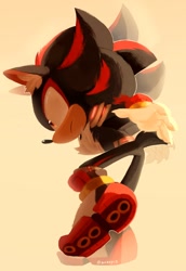 Size: 824x1200 | Tagged: safe, artist:akarpii1, shadow the hedgehog, hedgehog, 2026, beige background, chest fluff, claws, crossover, ear fluff, fortnite, frown, lineless, looking offscreen, male, mid-air, side view, simple background, solo, treads