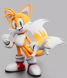 Size: 1772x2048 | Tagged: safe, artist:gameguybenn, artist:garbonzobeanguy, miles "tails" prower, fox, 2026, 3d, clenched fist, grey background, looking at viewer, male, mouth open, open smile, reaching out, simple background, smile, smiling at viewer, solo, standing