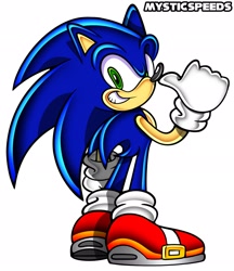 Size: 1766x2048 | Tagged: safe, artist:mysticspeeds, artist:sonicfastdraw, sonic the hedgehog, hedgehog, 2026, artist name, clenched teeth, looking at viewer, looking back, looking back at viewer, male, simple background, smile, smiling at viewer, solo, standing, style emulation, thumbs up, uekawa style, white background