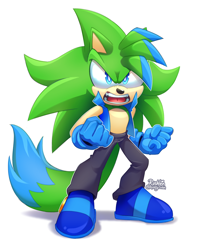 Size: 2572x3256 | Tagged: safe, artist:rushklysolen, oc, oc:disco the hedgefox, fox, hedgehog, hybrid, 2026, angry, blue eyes, blue gloves, blue shoes, clenched fists, clothes, frown, fur markings, gilet, gloves, hedgefox, long description, looking at viewer, male, mouth open, oc only, pants, shoes, signature, simple background, solo, white background