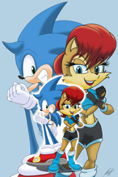 Size: 3600x5400 | Tagged: safe, artist:soniccomicart, sally acorn, sonic the hedgehog, chipmunk, hedgehog, 2026, duo, echo background, female, fist, grin, looking at viewer, looking back, looking back at viewer, male, open mouth, open smile, pose, sally x sonic, sally's ringblader outfit, shipping, smile, smiling at viewer, standing, straight