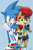Size: 3600x5400 | Tagged: safe, artist:soniccomicart, sally acorn, sonic the hedgehog, chipmunk, hedgehog, 2026, archie sonic the hedgehog, duo, echo background, female, fist, grin, looking at viewer, looking back, looking back at viewer, male, open mouth, open smile, pose, sally x sonic, sally's ringblader outfit, shipping, smile, smiling at viewer, standing, straight